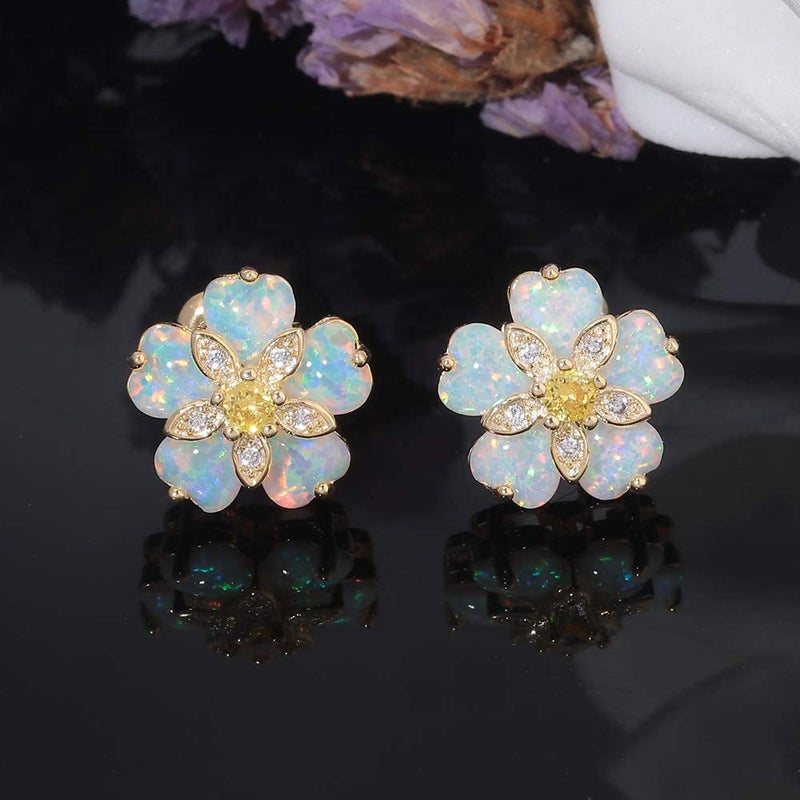CiNily Yellow Gold Plated Flower Earrings Womens Opal Stud Earrings Ladies Big Hypoallergenic Hypoallergenic Gemstone Earrings - Image 5